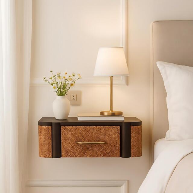 Handcrafted Solid Wood Wall-Mounted Bedside Drawer with Spacious Drawer, Bedside Table with Bronze Metal Accent, 32L x 50W x 18H cm, Brown - Aosom UK - image 1