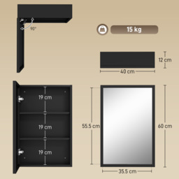 kleankin Bathroom Cabinet with Mirror, Wall Mounted Bathroom Mirror Cabinet with Storage Shelves, 40 x 12 x 60 cm, Black - thumbnail 3