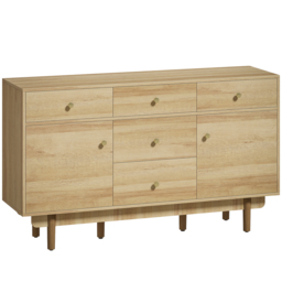 HOMCOM Sideboard with 5 Drawers and 2 Cabinets Buffet Cabinet with Solid Wood Legs 136 cm Walnut - thumbnail 1
