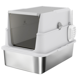 PawHut Extra Large Stainless Steel Cat Litter Tray with Scoop, Flip-Top Lid, Odour Control, Modern Design - Aosom UK - thumbnail 1