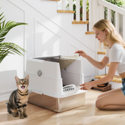 PawHut Extra Large Stainless Steel Cat Litter Tray with Scoop, Flip-Top Lid, Odour Control, Modern Design - Aosom UK - thumbnail 2
