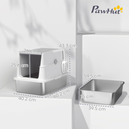 PawHut Extra Large Stainless Steel Cat Litter Tray with Scoop, Flip-Top Lid, Odour Control, Modern Design - Aosom UK - thumbnail 3