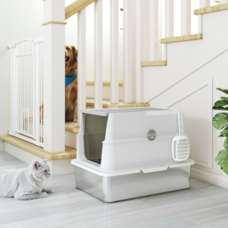 PawHut Extra Large Stainless Steel Cat Litter Tray with Scoop, Flip-Top Lid, Odour Control, Modern Design - Aosom UK - thumbnail 9
