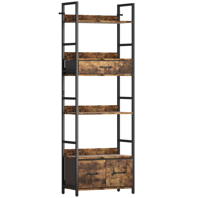 HOMCOM Industrial Style Bookcase, with 4 Shelves and 3 Fabric Drawers - Brown/Black - image 1