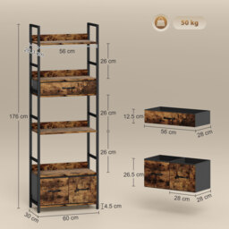 HOMCOM Industrial Style Bookcase, with 4 Shelves and 3 Fabric Drawers - Brown/Black - thumbnail 3