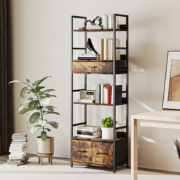 HOMCOM Industrial Style Bookcase, with 4 Shelves and 3 Fabric Drawers - Brown/Black - thumbnail 2