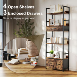 HOMCOM Industrial Style Bookcase, with 4 Shelves and 3 Fabric Drawers - Brown/Black - thumbnail 4