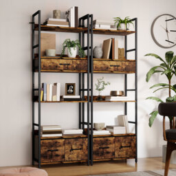 HOMCOM Industrial Style Bookcase, with 4 Shelves and 3 Fabric Drawers - Brown/Black - thumbnail 9