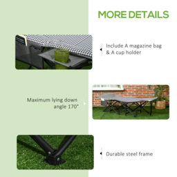 Outsunny Portable Lounger: Foldable Recliner with Padded Headrest, Carry Bag, Magazine & Cup Holder, Ebony - Aosom UK - thumbnail 6