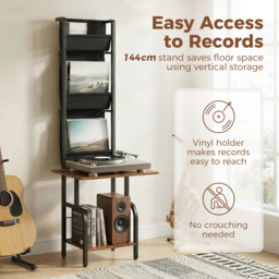 HOMCOM Vinyl Record Player Stand Record Storage with Player Stand Oxford Fabric Pockets Bottom Shelf Rustic Brown and Black - thumbnail 5