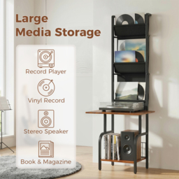 HOMCOM Vinyl Record Player Stand Record Storage with Player Stand Oxford Fabric Pockets Bottom Shelf Rustic Brown and Black - thumbnail 4
