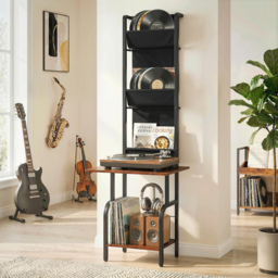 HOMCOM Vinyl Record Player Stand Record Storage with Player Stand Oxford Fabric Pockets Bottom Shelf Rustic Brown and Black - thumbnail 2