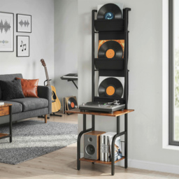 HOMCOM Vinyl Record Player Stand Record Storage with Player Stand Oxford Fabric Pockets Bottom Shelf Rustic Brown and Black - thumbnail 8