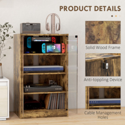 HOMCOM 4-Tier Hi-Fi Stand,  Record Player Stand with Adjustable Shelves and Push-to-Open Glass Doors, Rustic Brown - thumbnail 6