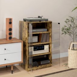 HOMCOM 4-Tier Hi-Fi Stand,  Record Player Stand with Adjustable Shelves and Push-to-Open Glass Doors, Rustic Brown - thumbnail 8