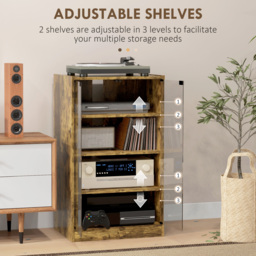 HOMCOM 4-Tier Hi-Fi Stand,  Record Player Stand with Adjustable Shelves and Push-to-Open Glass Doors, Rustic Brown - thumbnail 4