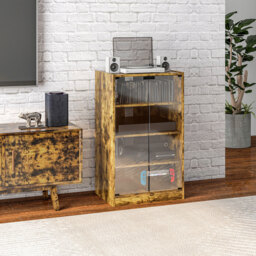 HOMCOM 4-Tier Hi-Fi Stand,  Record Player Stand with Adjustable Shelves and Push-to-Open Glass Doors, Rustic Brown - thumbnail 2