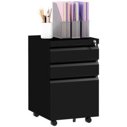Vinsetto Steel Mobile File Cabinet, 3-Drawer, Lockable, Wheels, Pencil Tray, for A4/Legal, Black - Aosom UK - thumbnail 1