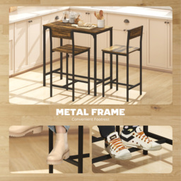 HOMCOM 3-Piece Bar Table Set with 2 Stools, Industrial Breakfast Bar Set with Footrest, Backrest for Dining Room, Small Space - thumbnail 4