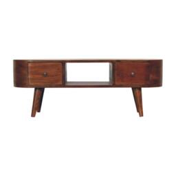 Round Solid Mango Wood Media Unit with 2 Smooth-Gliding Drawers and Open Shelf, Stand for TV and Media, 30L x 100W x 37H cm, Brown - Aosom UK - thumbnail 2