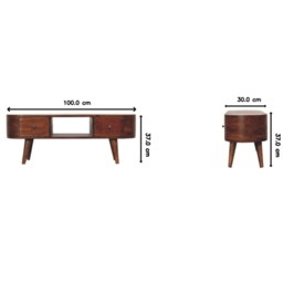 Round Solid Mango Wood Media Unit with 2 Smooth-Gliding Drawers and Open Shelf, Stand for TV and Media, 30L x 100W x 37H cm, Brown - Aosom UK - thumbnail 3