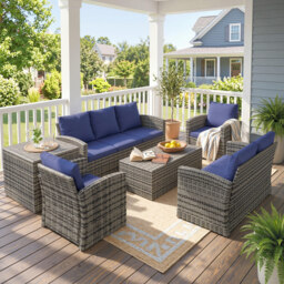 Outsunny 6 Pieces Rattan Garden Furniture Set, 7 Seater Wicker Outdoor Furniture Set with Storage Tea Table, Side Table, Cushions, Navy Blue - thumbnail 8