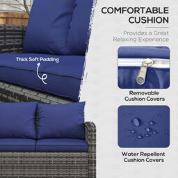 Outsunny 6 Pieces Rattan Garden Furniture Set, 7 Seater Wicker Outdoor Furniture Set with Storage Tea Table, Side Table, Cushions, Navy Blue - thumbnail 5