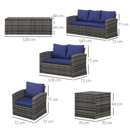 Outsunny 6 Pieces Rattan Garden Furniture Set, 7 Seater Wicker Outdoor Furniture Set with Storage Tea Table, Side Table, Cushions, Navy Blue - thumbnail 3