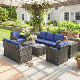 Outsunny 6 Pieces Rattan Garden Furniture Set, 7 Seater Wicker Outdoor Furniture Set with Storage Tea Table, Side Table, Cushions, Navy Blue - thumbnail 9