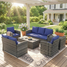 Outsunny 6 Pieces Rattan Garden Furniture Set, 7 Seater Wicker Outdoor Furniture Set with Storage Tea Table, Side Table, Cushions, Navy Blue - thumbnail 2