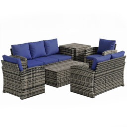 Outsunny 6 Pieces Rattan Garden Furniture Set, 7 Seater Wicker Outdoor Furniture Set with Storage Tea Table, Side Table, Cushions, Navy Blue - thumbnail 1