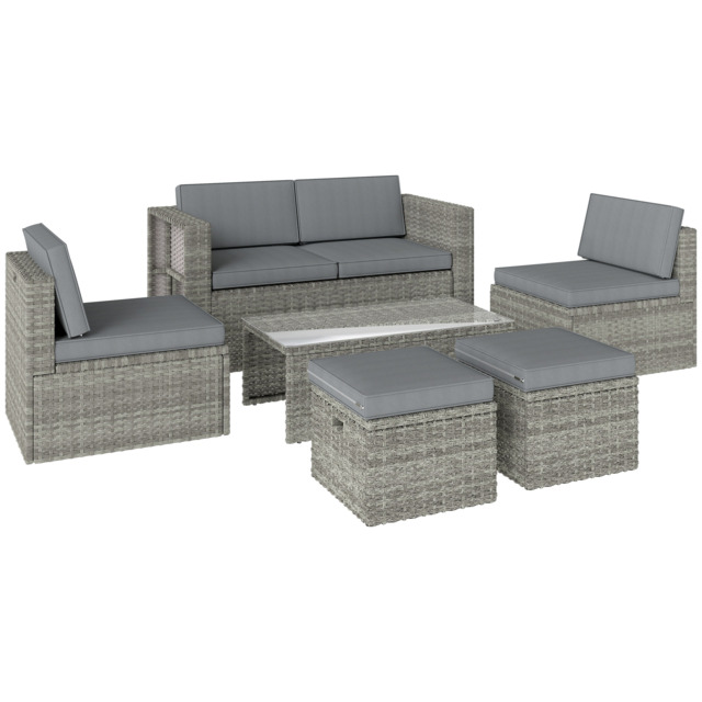 Outsunny 6 Piece Rattan Garden Furniture Set, Nesting Patio Conversation Set with Loveseat, Chairs, Table, Footstools, Dark Grey - image 1