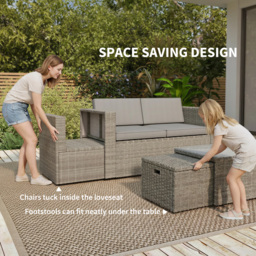 Outsunny 6 Piece Rattan Garden Furniture Set, Nesting Patio Conversation Set with Loveseat, Chairs, Table, Footstools, Dark Grey - thumbnail 5