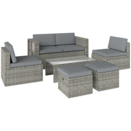 Outsunny 6 Piece Rattan Garden Furniture Set, Nesting Patio Conversation Set with Loveseat, Chairs, Table, Footstools, Dark Grey - thumbnail 1