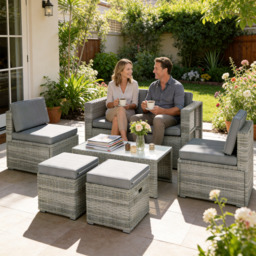 Outsunny 6 Piece Rattan Garden Furniture Set, Nesting Patio Conversation Set with Loveseat, Chairs, Table, Footstools, Dark Grey - thumbnail 2