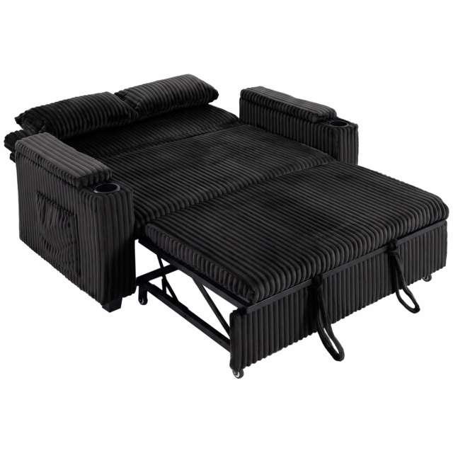 HOMCOM 2 Seater Sofa Bed, Pull Out Sleeper Sofa w/ Adjustable Backrest, Storage Armrests, Cup Holders, Side Pockets, Black - image 1