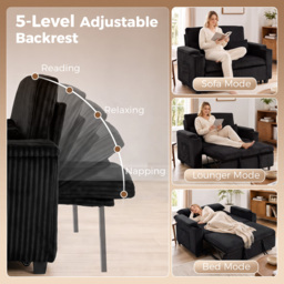 HOMCOM 2 Seater Sofa Bed, Pull Out Sleeper Sofa w/ Adjustable Backrest, Storage Armrests, Cup Holders, Side Pockets, Black - thumbnail 5