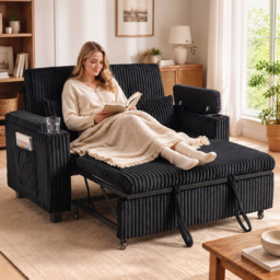 HOMCOM 2 Seater Sofa Bed, Pull Out Sleeper Sofa w/ Adjustable Backrest, Storage Armrests, Cup Holders, Side Pockets, Black - thumbnail 2
