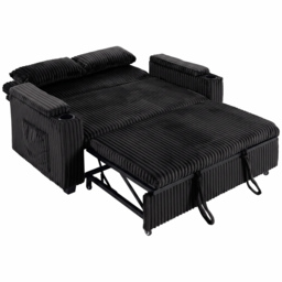 HOMCOM 2 Seater Sofa Bed, Pull Out Sleeper Sofa w/ Adjustable Backrest, Storage Armrests, Cup Holders, Side Pockets, Black - thumbnail 1