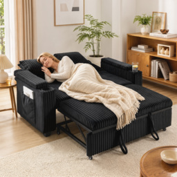 HOMCOM 2 Seater Sofa Bed, Pull Out Sleeper Sofa w/ Adjustable Backrest, Storage Armrests, Cup Holders, Side Pockets, Black - thumbnail 8