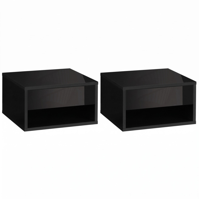 HOMCOM 2 Pieces Bedside Table Wall Mounted Nightstand with Drawer and Shelf for Bedroom, 37 x 32 x 21cm, High Gloss Black - image 1