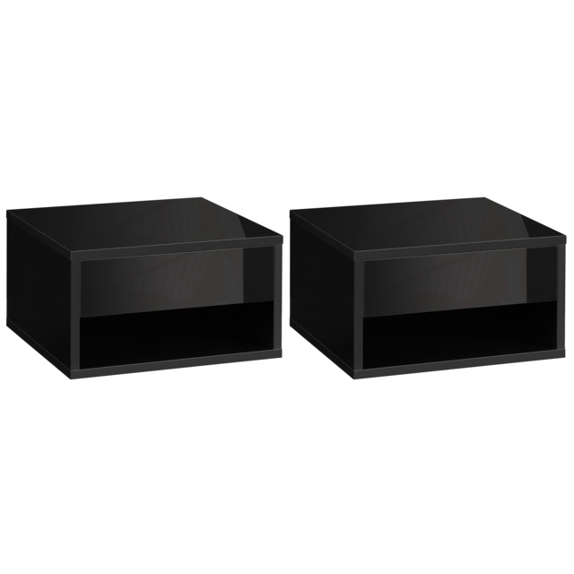 HOMCOM 2 Pieces Bedside Table Wall Mounted Nightstand with Drawer and Shelf for Bedroom, 37 x 32 x 21cm, High Gloss Black - image 1