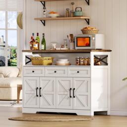 Versatile Sideboard with 2 Cupboards and Smooth‑Glide Drawers, Modern Coffee Bar for Living Room, 140L x 35W x 95H cm, Brown+White - Aosom UK - thumbnail 7