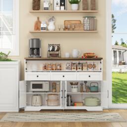 Versatile Sideboard with 2 Cupboards and Smooth‑Glide Drawers, Modern Coffee Bar for Living Room, 140L x 35W x 95H cm, Brown+White - Aosom UK