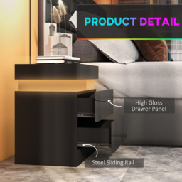 HOMCOM Black Bedside Table with LED Light, High Gloss Front Nightstand with 2 Drawers, for Living Room, Bedroom - thumbnail 7