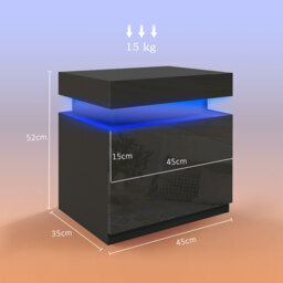 HOMCOM Black Bedside Table with LED Light, High Gloss Front Nightstand with 2 Drawers, for Living Room, Bedroom - thumbnail 3
