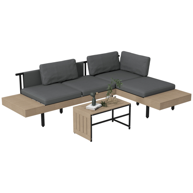 Outsunny 3-Piece Garden Corner Sofa Set with Wood-effect Table, 15cm Thick Cushions, HDPE Garden Furniture Set for Patio, Grey - Aosom UK - image 1