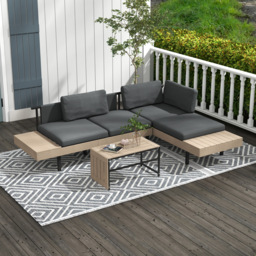 Outsunny 3-Piece Garden Corner Sofa Set with Wood-effect Table, 15cm Thick Cushions, HDPE Garden Furniture Set for Patio, Grey - Aosom UK - thumbnail 2