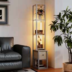 HOMCOM Floor Lamp with Shelves, LED Column Modern Standing Lamp with Fabric Drawer, Adjustable Brightness, Foot Switch for Living Room, Bedroom, Office, Grey - thumbnail 8