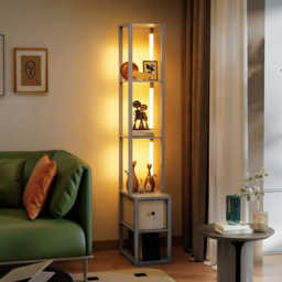 HOMCOM Floor Lamp with Shelves, LED Column Modern Standing Lamp with Fabric Drawer, Adjustable Brightness, Foot Switch for Living Room, Bedroom, Office, Grey - thumbnail 7